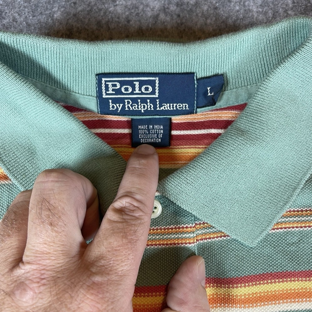 VTG Polo Ralph Lauren Striped Shirt Mens XL Green Orange Sunset Cotton Slit Hem - Picture 3 of 7